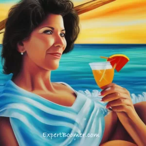 Beautiful_female__Baby Boomer lounging_on_a_pristine_beach__holding_a_refreshing_Mai_Ta